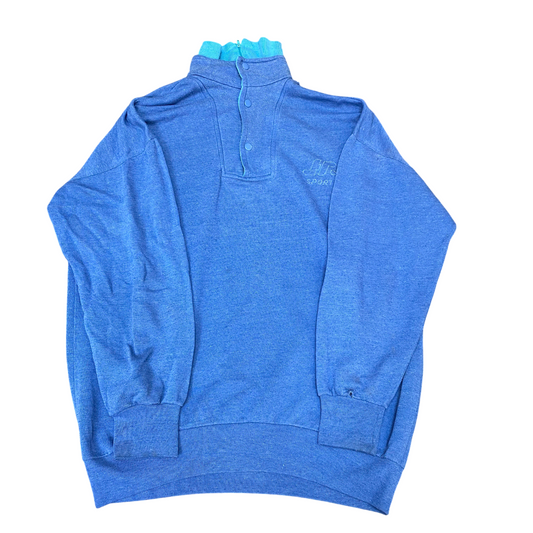 Jumper Mens Medium Blue Long Raglan Sleeve High Neck 1/4 Buttons Pullover