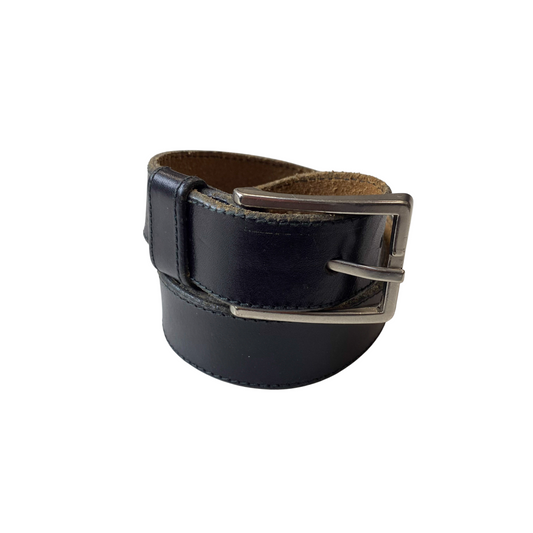 Mens Waist Belt Black Leather Adjustable Silver Buckle Casual Strap Size 41 in