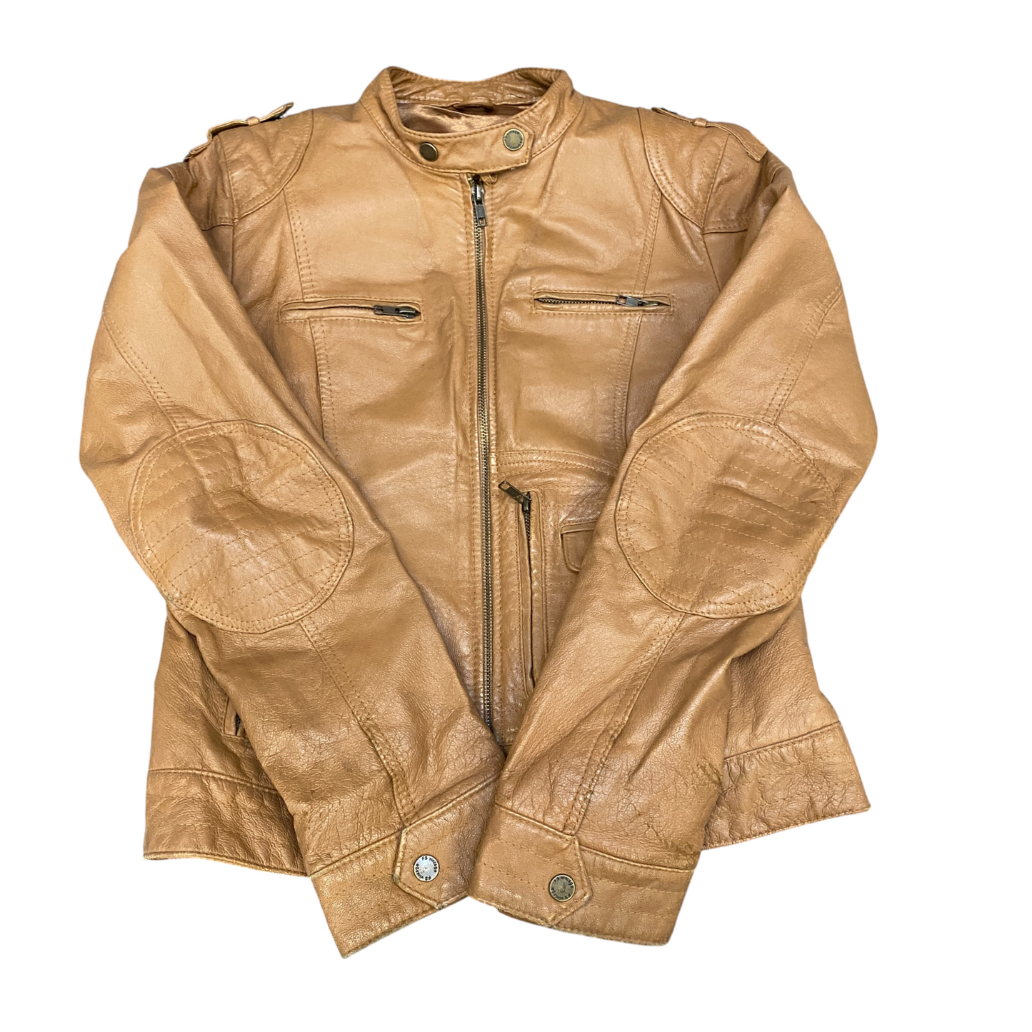 Fishbone Leather Biker Jacket Womens Medium Brown Lined Long Sleeve Full Zipper