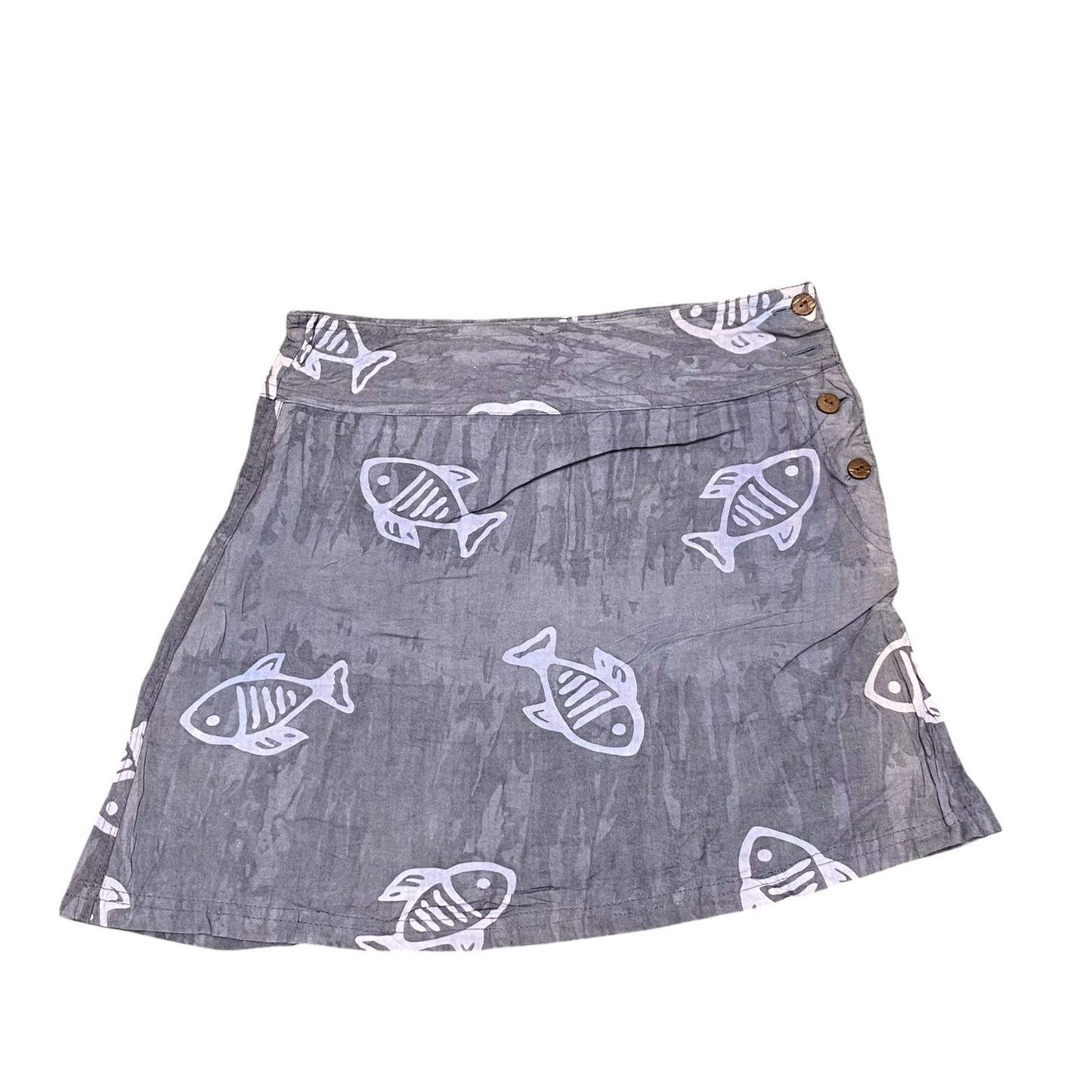 Planeit Mini Skirt Womens L Grey White Allover Fish Print Rayon Button Front