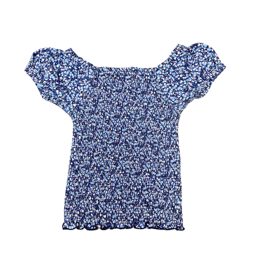 Place Smocked Top Womens S Blue Ditsy Floral Off-Shoulder Short Sleeve Pullover