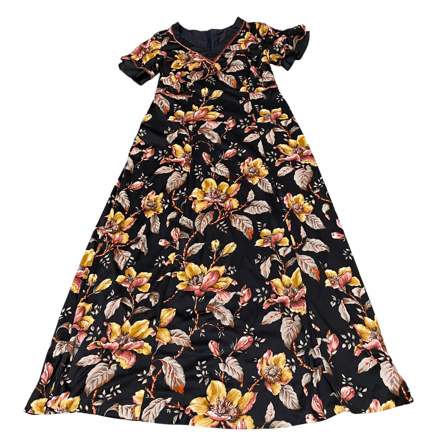 Long Maxi Dress Womens M Black Floral Casual Short Sleeve V-Neck Back Zipper