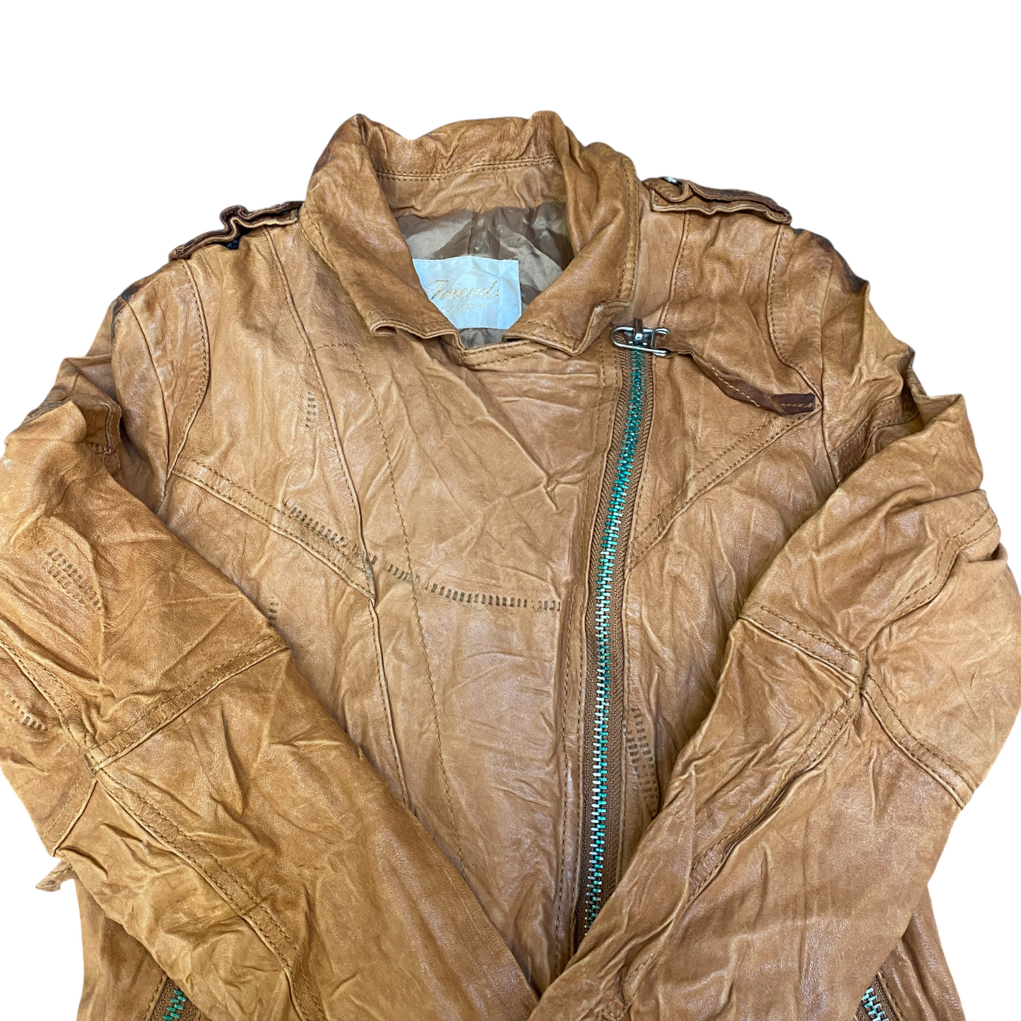 Friends Leather Motorcycle Jacket Womens Small Brown Collared Asymmetrical Zip