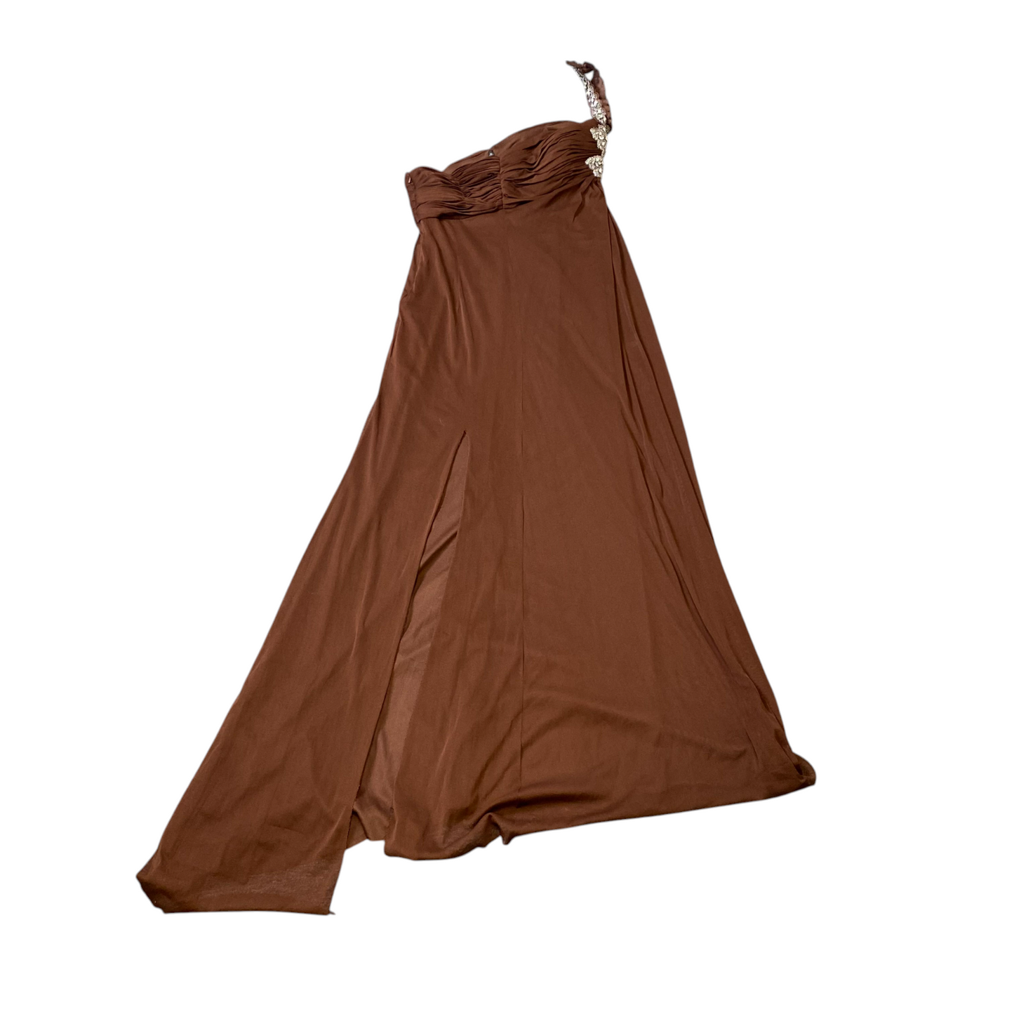 Le Gala Maxi Dress Womens 10 Brown Mesh Sleeveless Side Slit Ruched One Shoulder