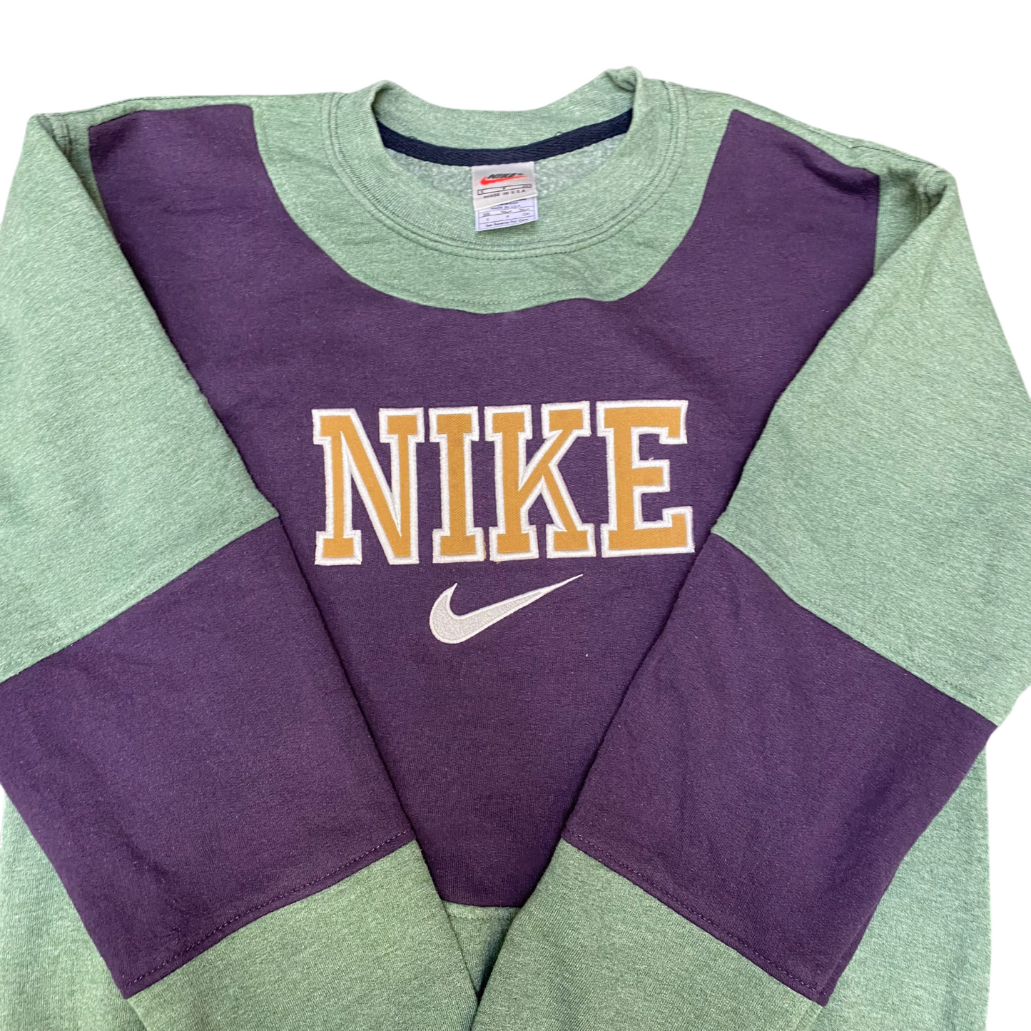 Nike Reworked Sweatshirt Mens Small Green Purple Embroidered Spell Out Logo Y2K