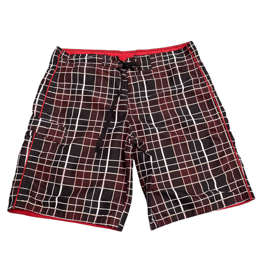 Arizona Swim Shorts Mens Medium Black Red Plaid Mid Rise Drawstring Casual Beach