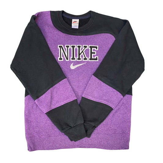 Nike Reworked Sweatshirt Mens Small Purple Black Embroidered Spell Out Logo Y2K