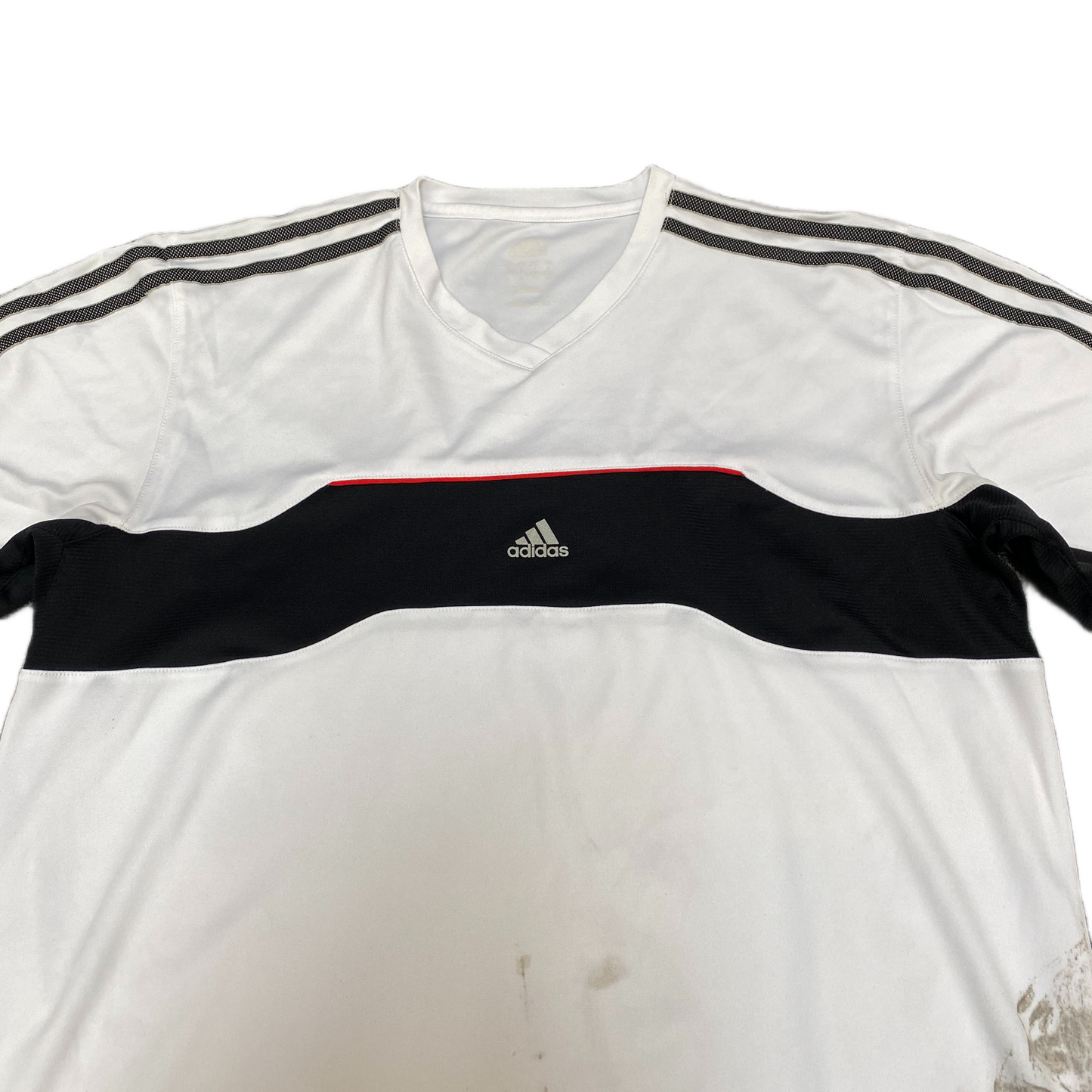 Vtg Adidas T-Shirt Womens L White Black Striped Stretch Short Sleeve V Neck Tee