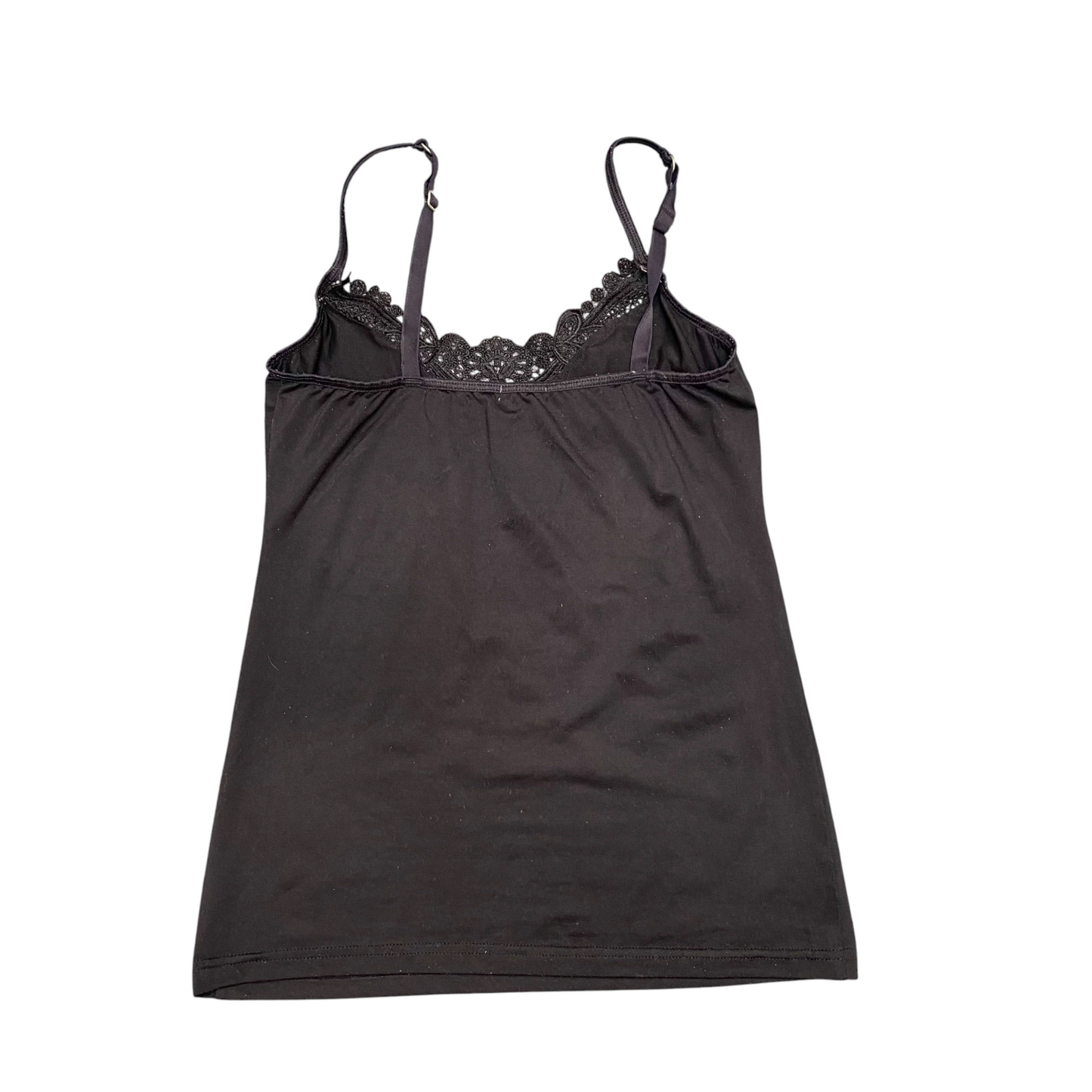 Women Camisole Top S Black Solid Lace Trim Adjustable Spaghetti Strap Sleeveless