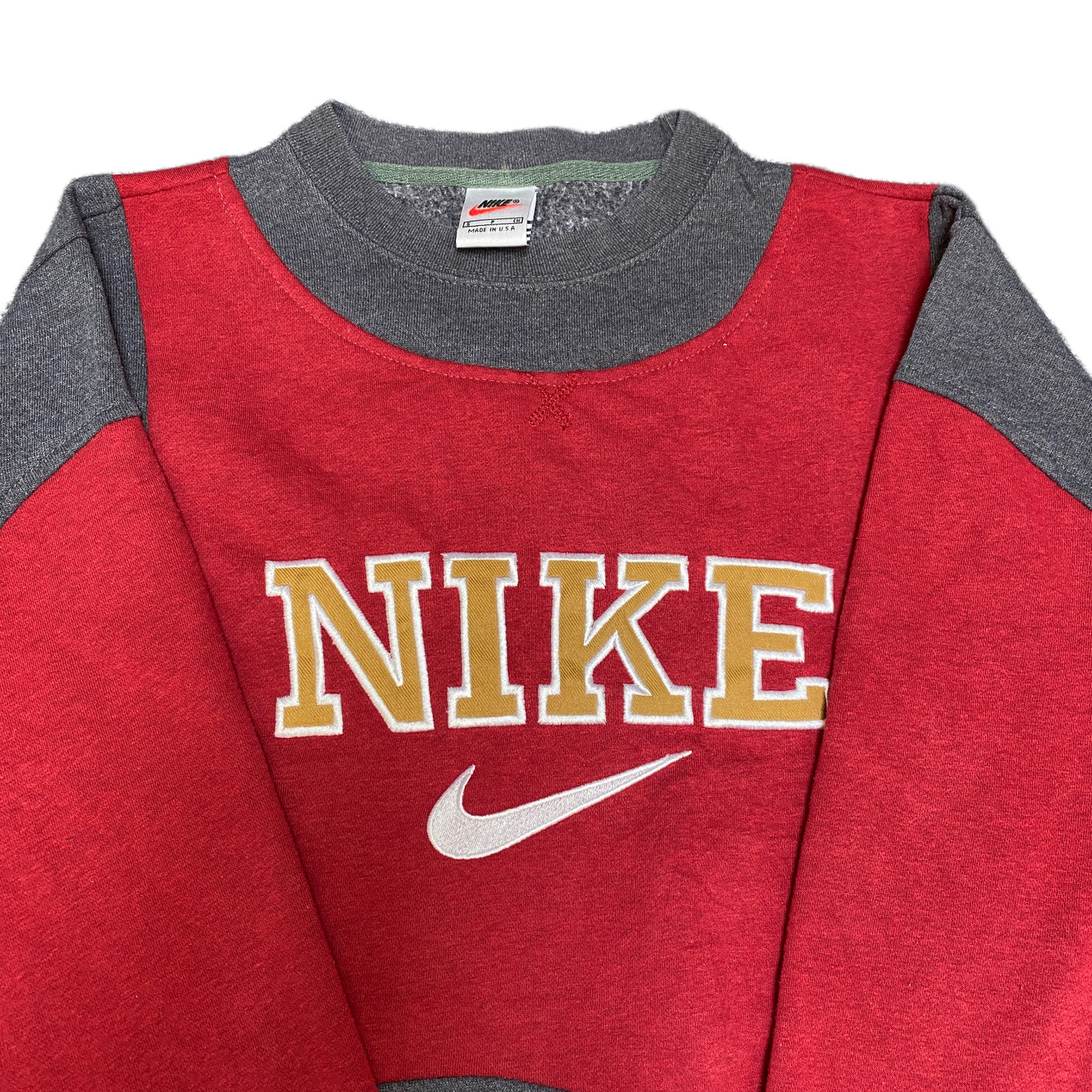 Nike Reworked Sweatshirt Mens S Red Grey Embroidered Spellout Logo Vintage Y2K