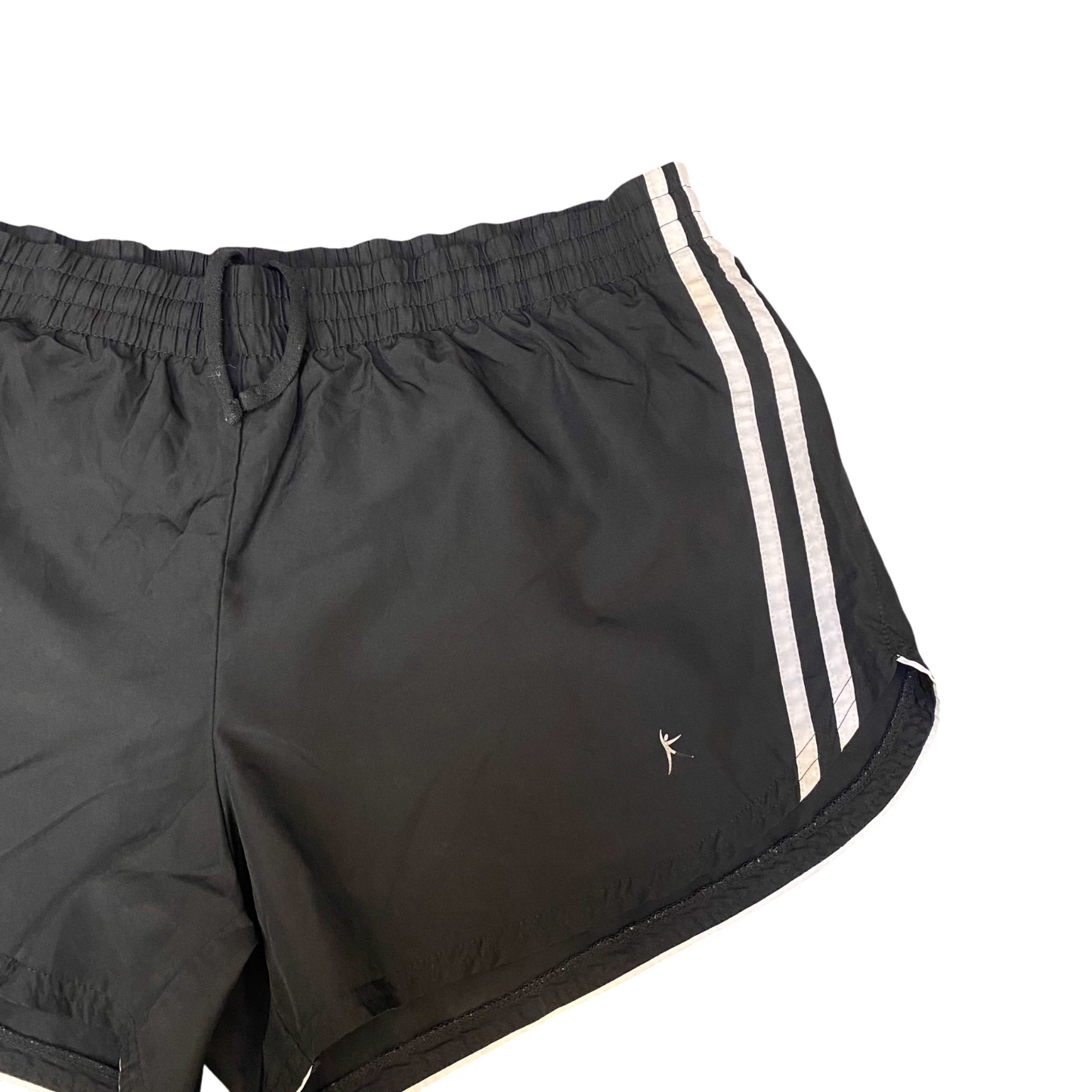 Running Sprinter Shorts Womens Large Black 2 Stripes Athletic Gym Dolphin Hem