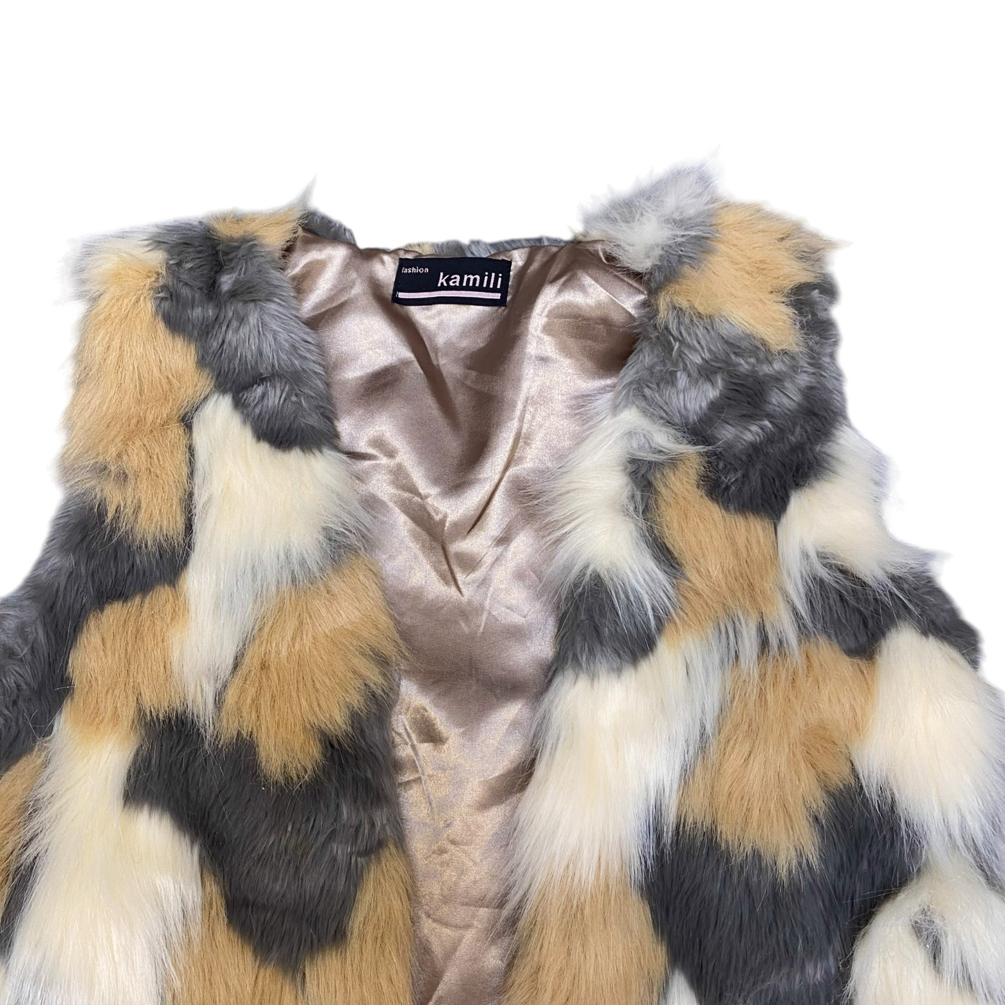 Kamili Faux Fur Vest Womens M Multi Printed Lightweight Sleeveless Open Front