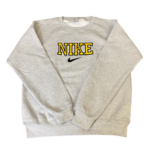 Nike Reworked Sweatshirt Mens Medium Grey Embroidered Spellout Logo Vintage Y2K