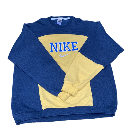Nike Reworked Sweatshirt Men L Blue Yellow Embroidered Spellout Logo Vintage Y2K