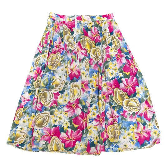 A-Line Midi Skirt Womens M Multi Floral Pleated Casual Outdoor Side Zipper