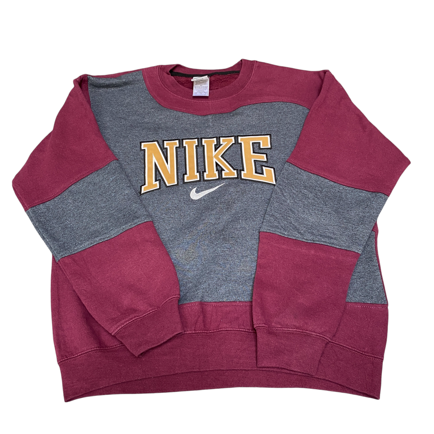 Nike Reworked Sweatshirt Men M Maroon Grey Embroidered Spellout Logo Vintage Y2K