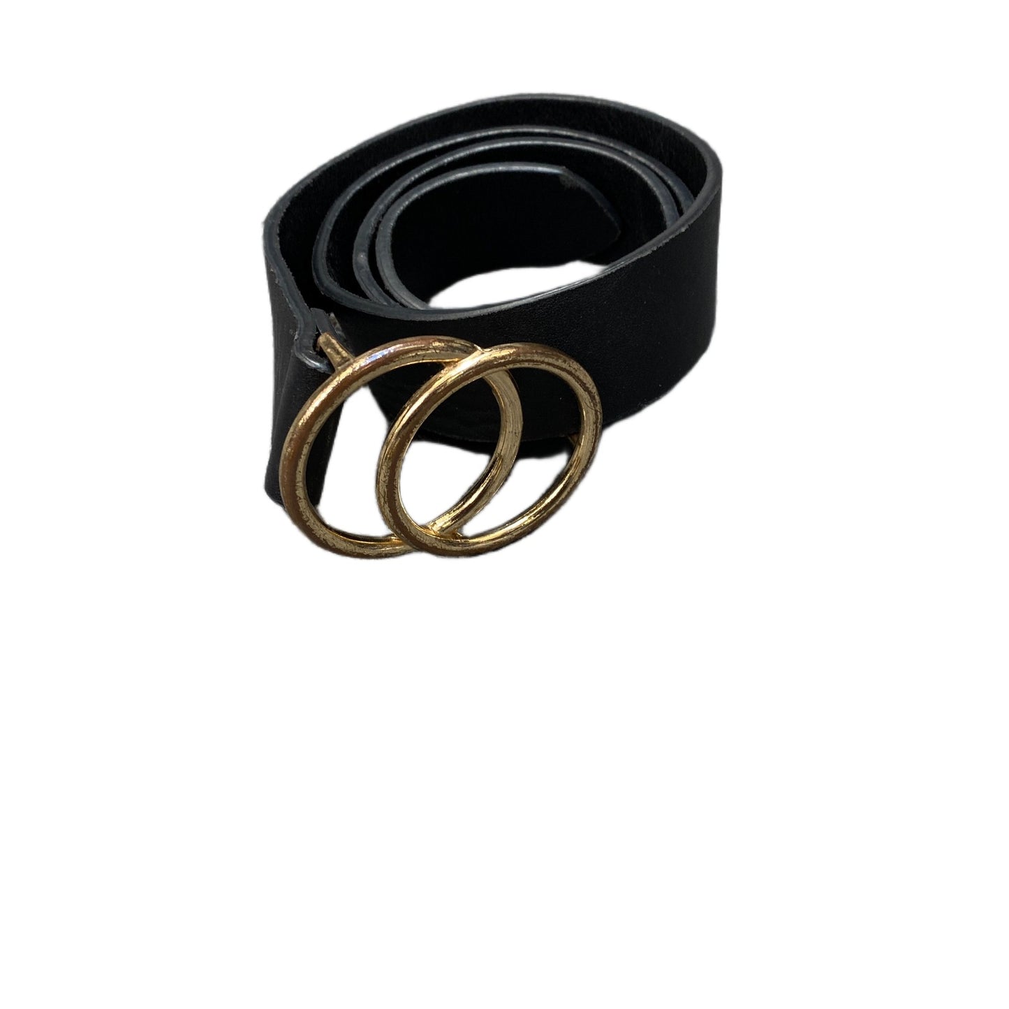 Waist Belt Womens Black Leather Gold Tone Double Circle Buckle 36.5 Inches