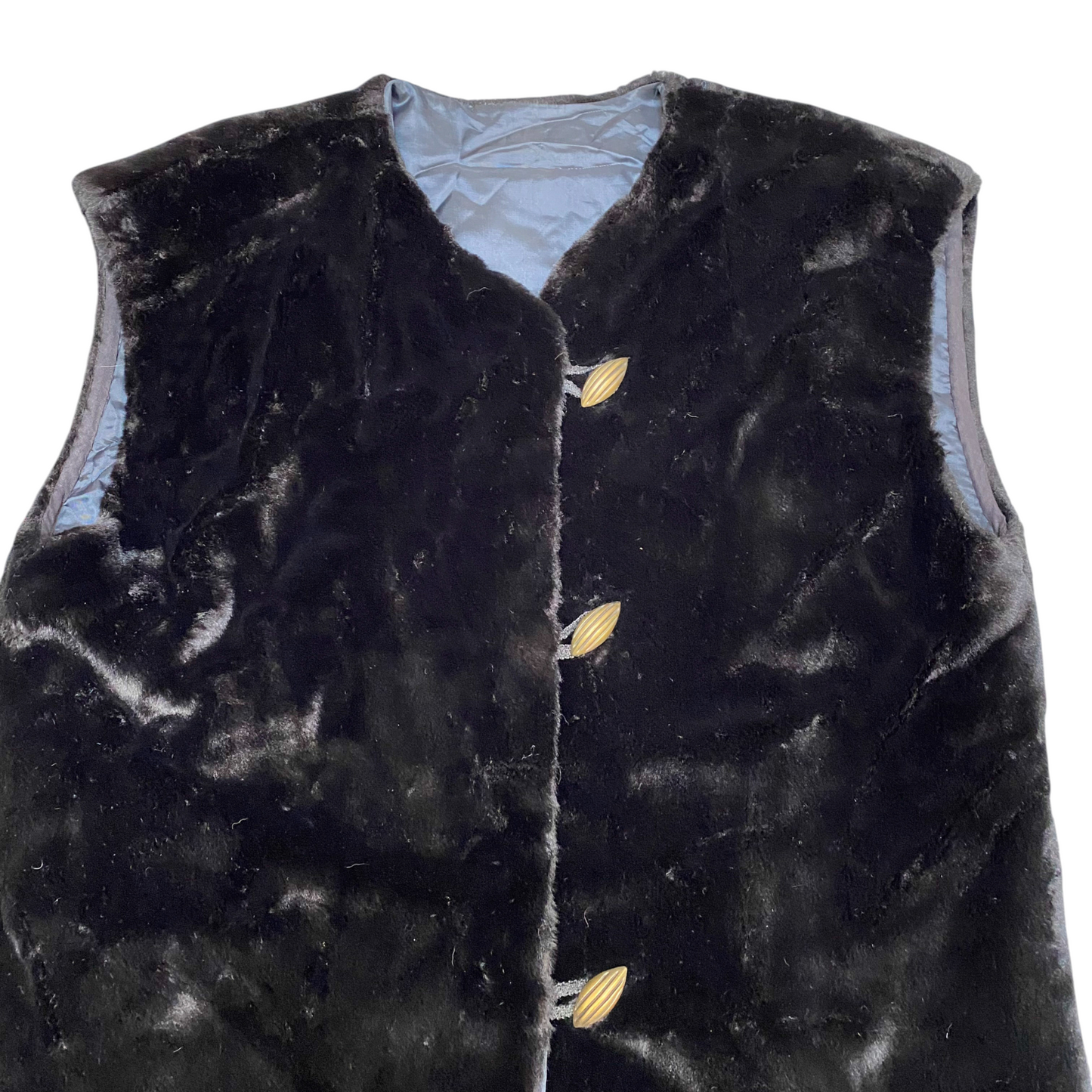 Womens Faux Fur Vest Small Black Lined Sleeveless V-Neck Gold-Toned Button Front