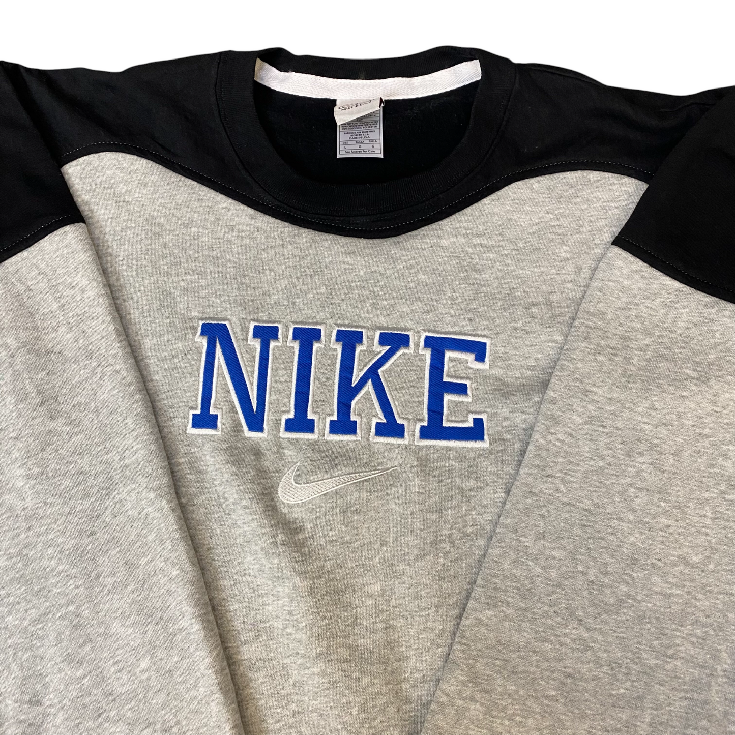 Nike Reworked Sweatshirt Mens Large Black Grey Embroidered Spellout Logo Vtg Y2K