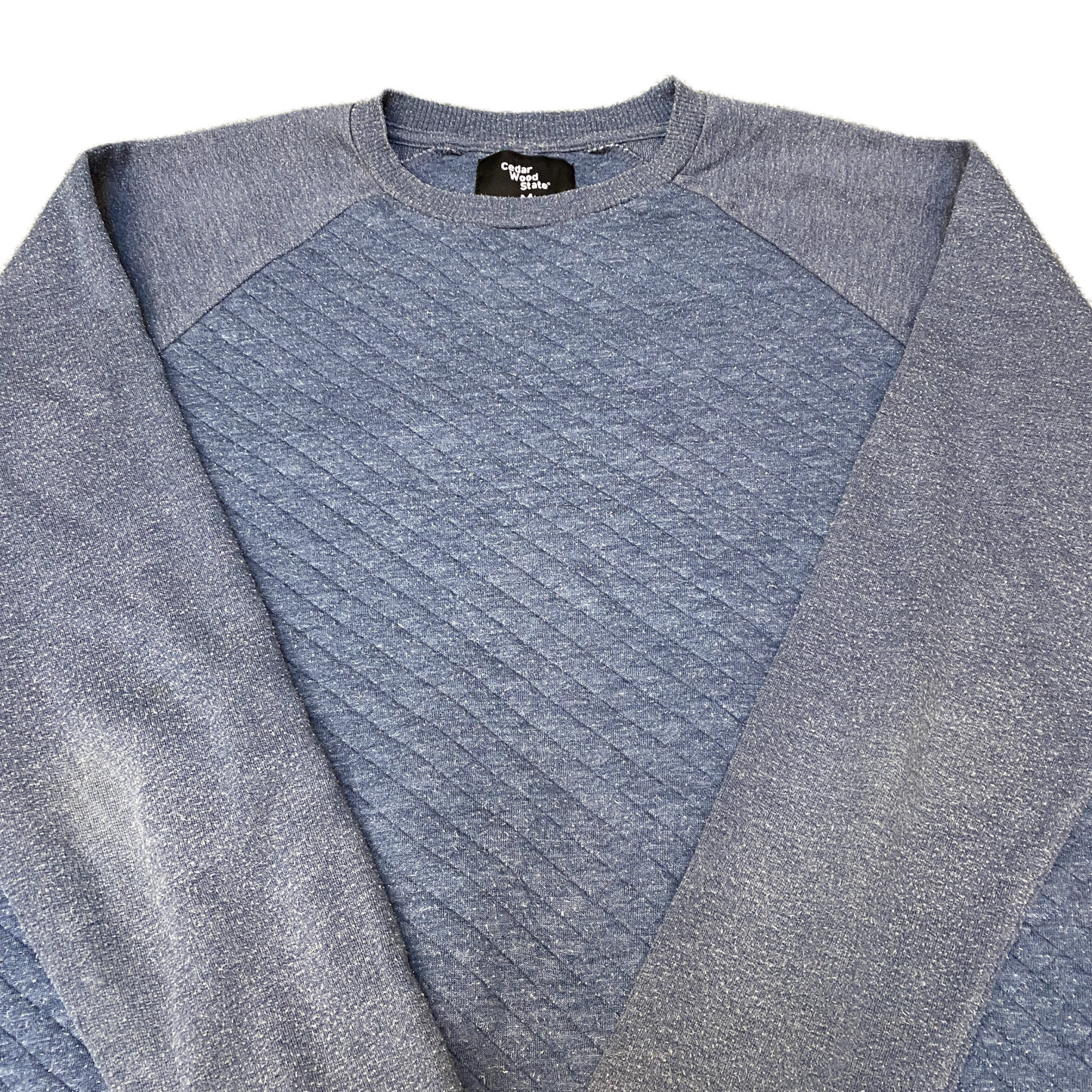 Cedar Wood State Sweatshirt Mens M Blue Quilted Knit Raglan Sleeve Crew Neck