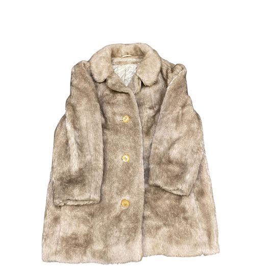 VEB Treffmodell BERLIN Faux Fur Coat Women Large Beige Lined Collar Button Front