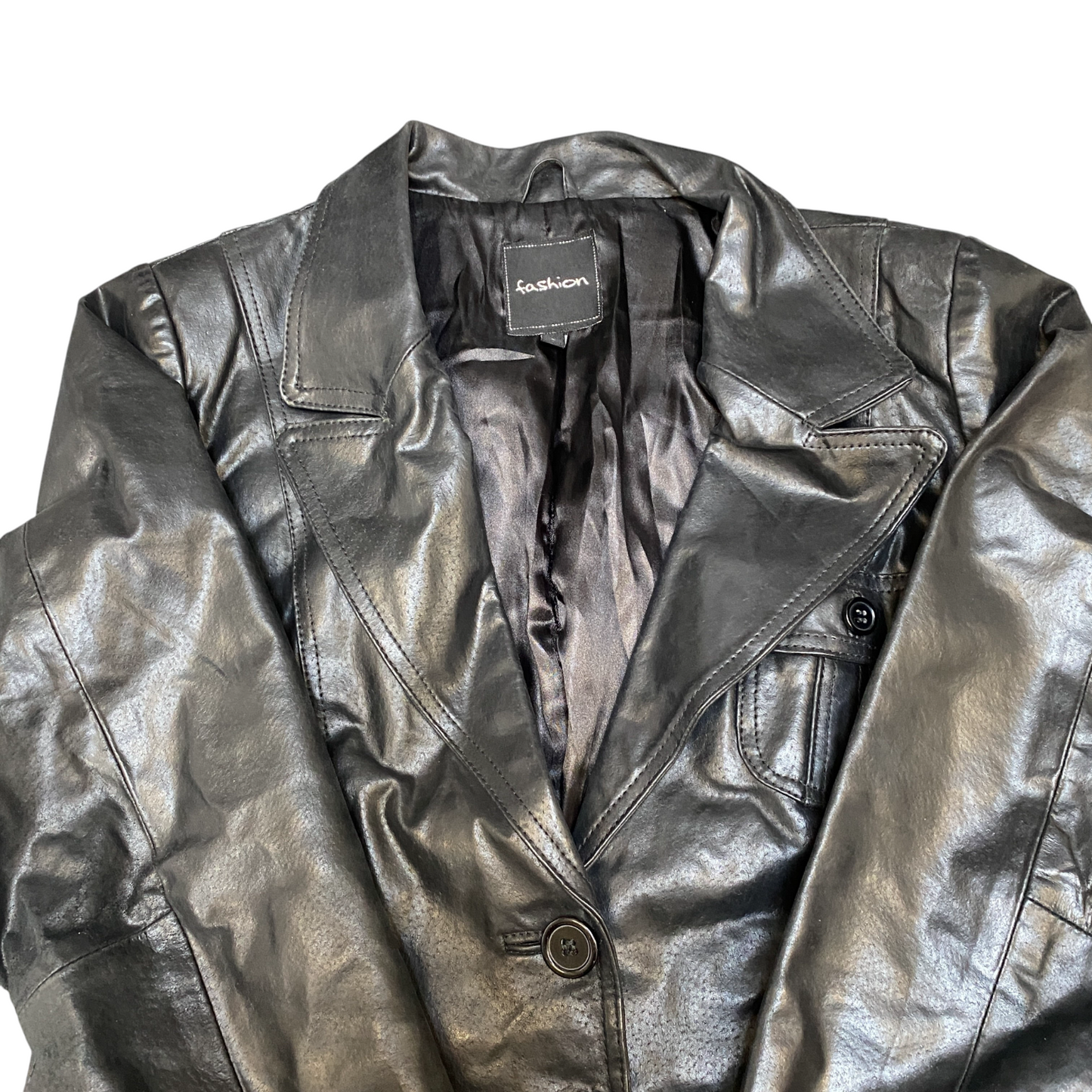 Fashion Leather Blazer Jacket Women's L Black Oxford Single Breasted Notch Lapel