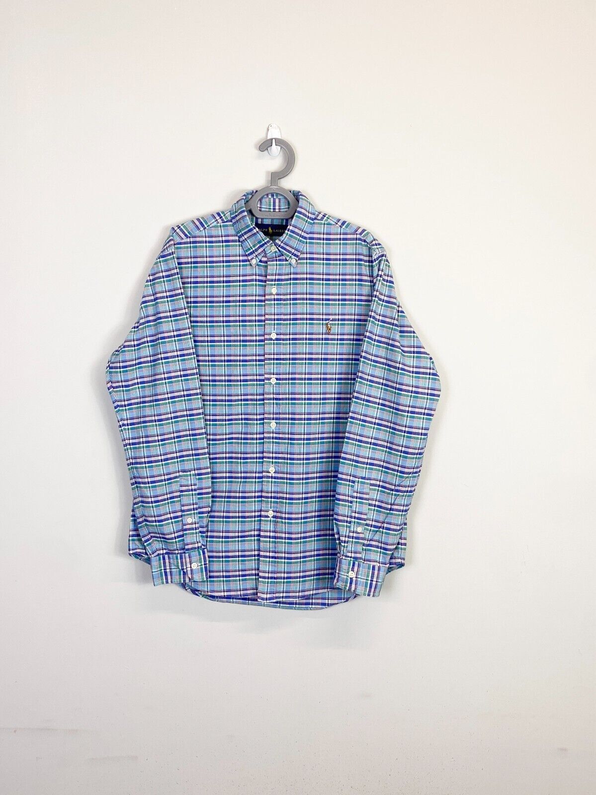 Ralph Lauren Shirt Mens Medium Blue Plaid Long Sleeve Small Brown Polo Pony Logo