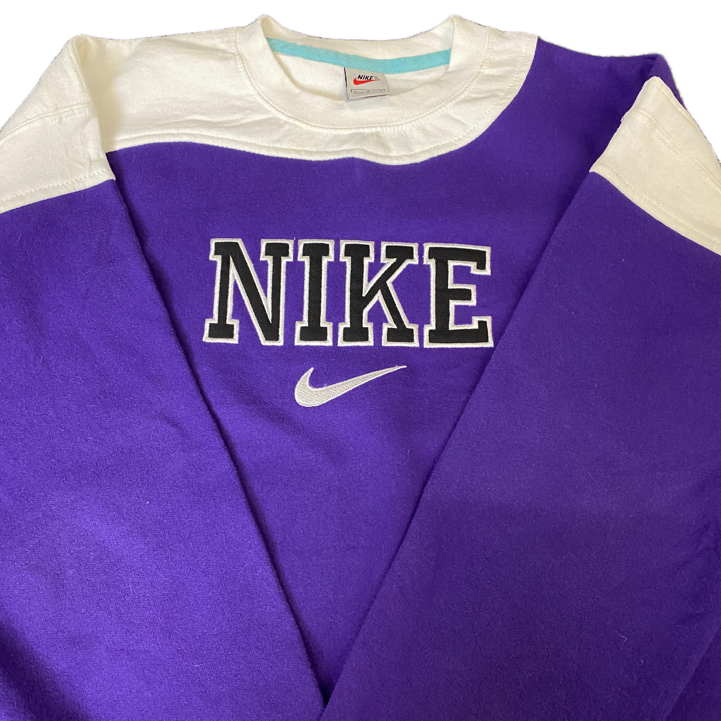 Nike Reworked Sweatshirt Mens L Purple White Embroidered Spellout Logo Vtg Y2K