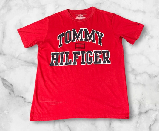 Tommy Hilfiger T-Shirt Mens XL Red Cotton Big Logo Crew Neck Trendy Pullover Tee