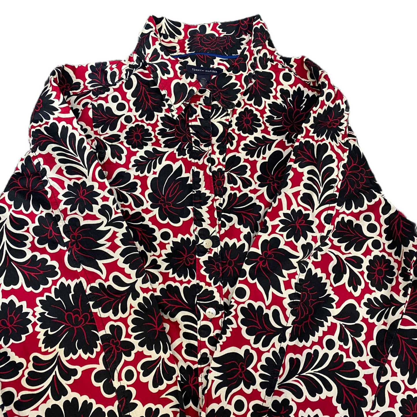 Tommy Hilfiger Shirt Womens L Red Black Floral Long Sleeve Collared Button Up
