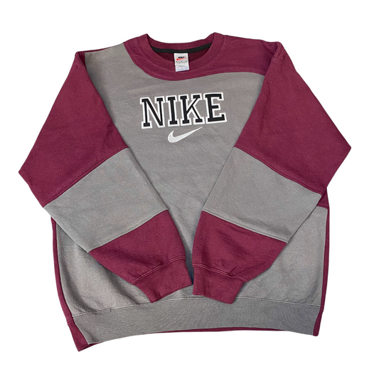 Nike Reworked Sweatshirt Mens L Burgundy Grey Embroidered Spellout Logo Vtg Y2K