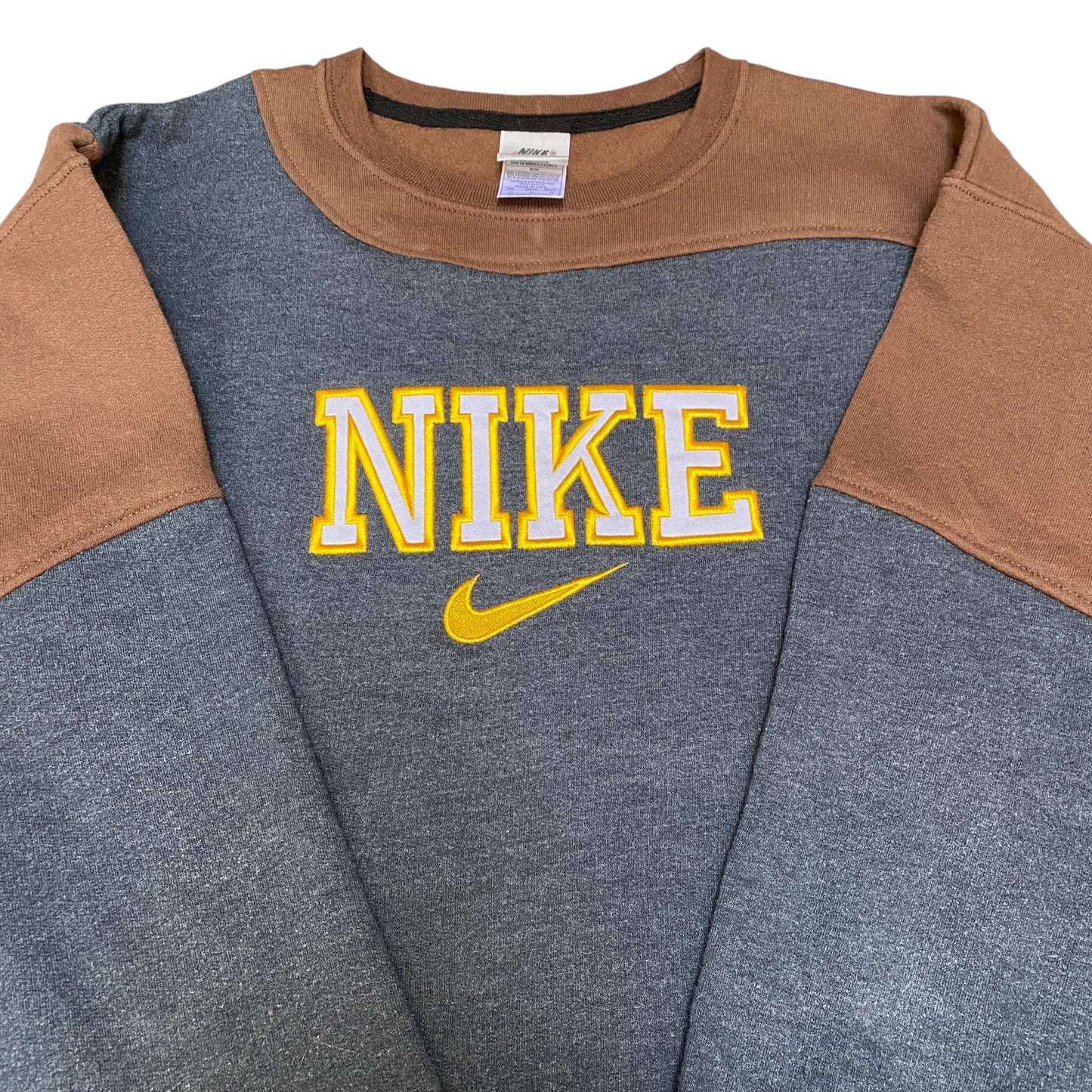 Nike Reworked Sweatshirt Mens M Grey Brown Embroidered Spellout Logo Vintage Y2K