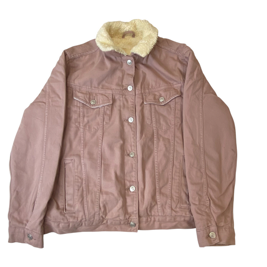 Topshop Trucker Jacket Womens L Pink Teddy Fleece Lined Collared Button Front