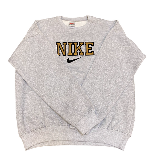 Nike Reworked Sweatshirt Mens Medium Grey Embroidered Spellout Logo Crew Neck