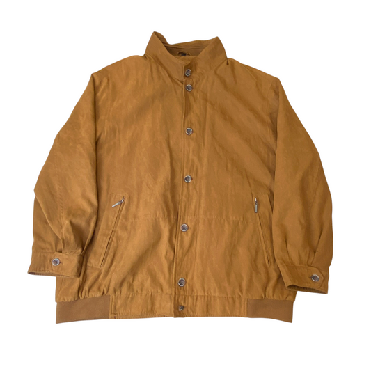 Bomber Jacket Mens Large Brown Suede Leather Pockets Long Sleeve Button Front