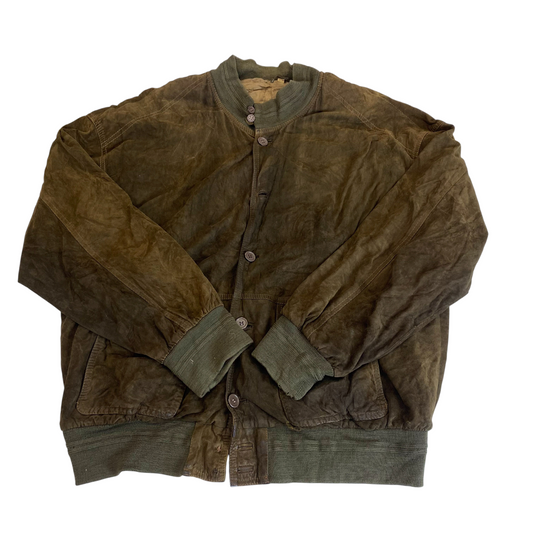 Jacket Mens L Green Suede Leather Pockets Long Sleeve Button Front Outdoor