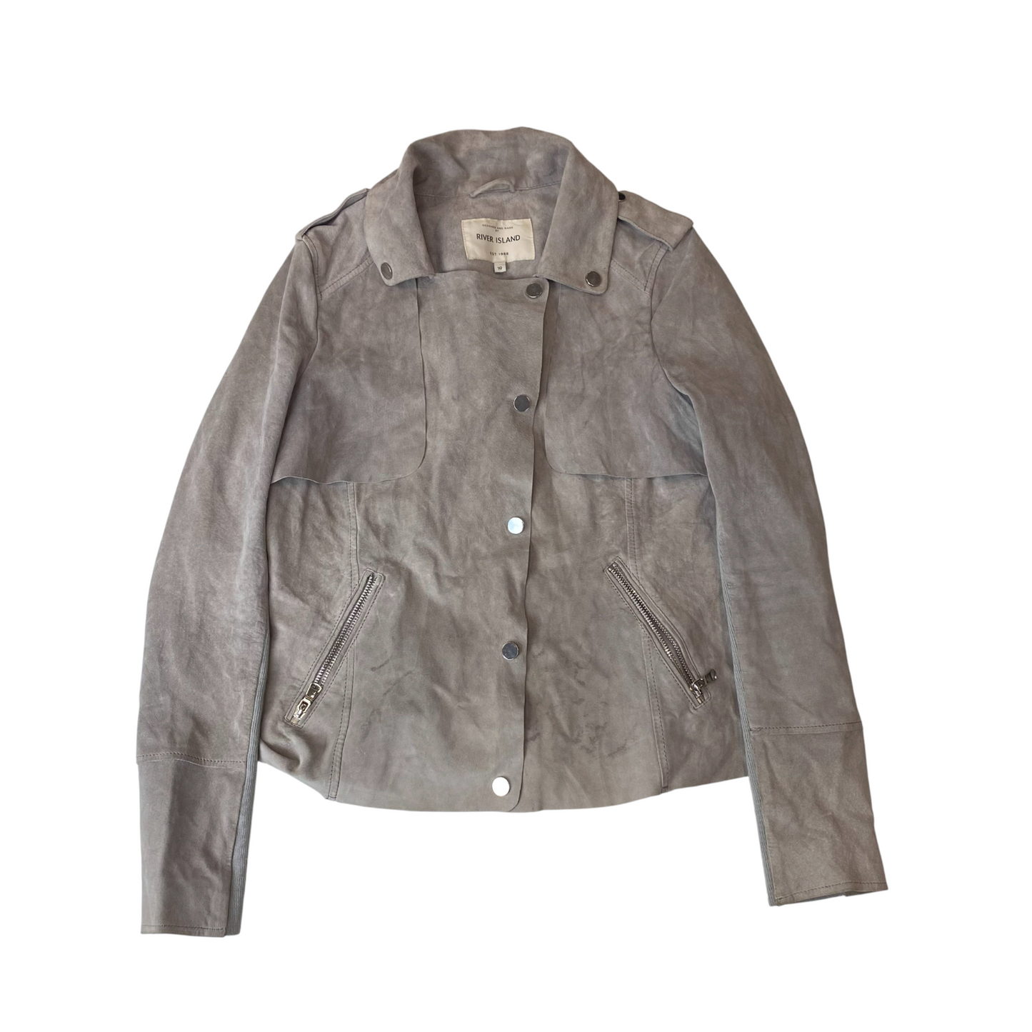 River Island Suede Jacket Womens Medium Grey Long Sleeve Zip Pocket Snap Front