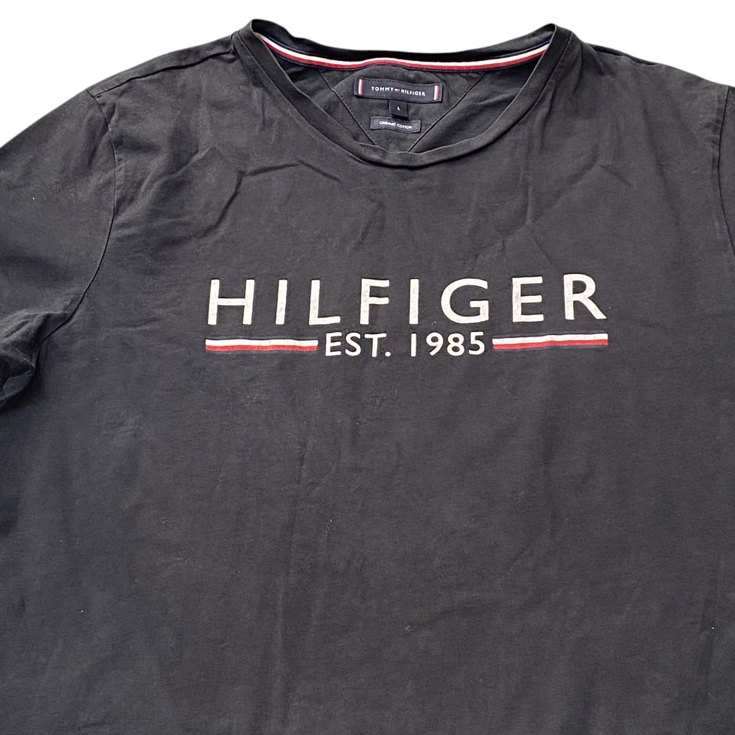 Tommy Hilfiger T Shirt Mens L Black Cotton Short Sleeve Spellout Crew Neck Tee