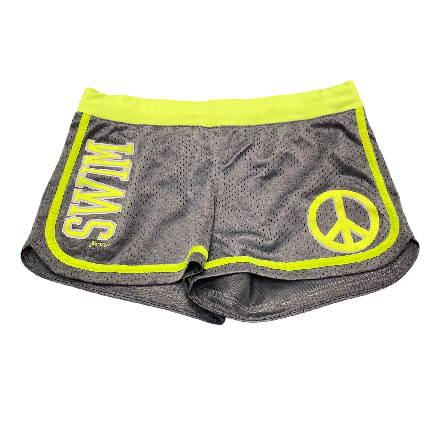 Justice Swim Peace Shorts Women M Grey Green Mesh Elastic Waist Stretch Outdoor