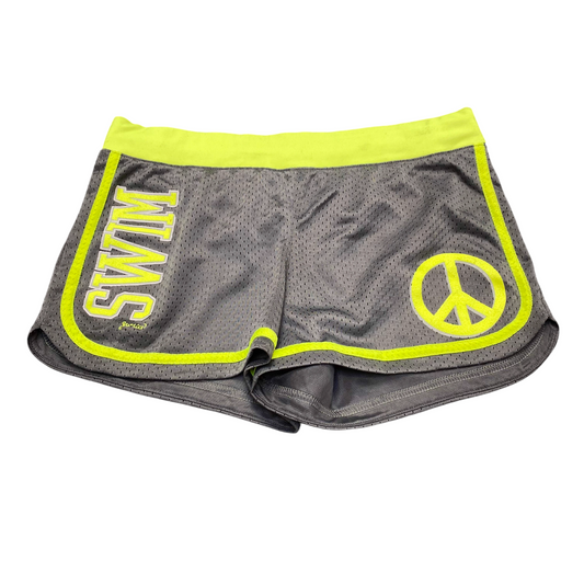Justice Swim Peace Shorts Women M Grey Green Mesh Elastic Waist Stretch Outdoor