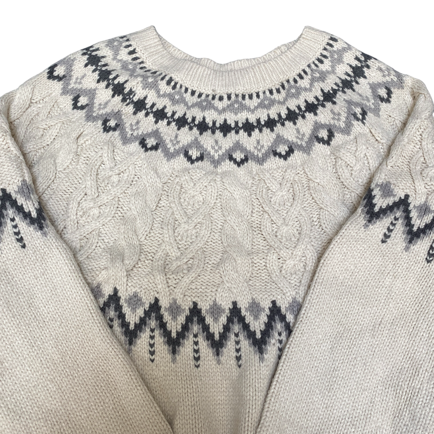 Womens Jumper Small Ivory Nordic Fair Isle Cable Knitted Long Sleeve Pulllover