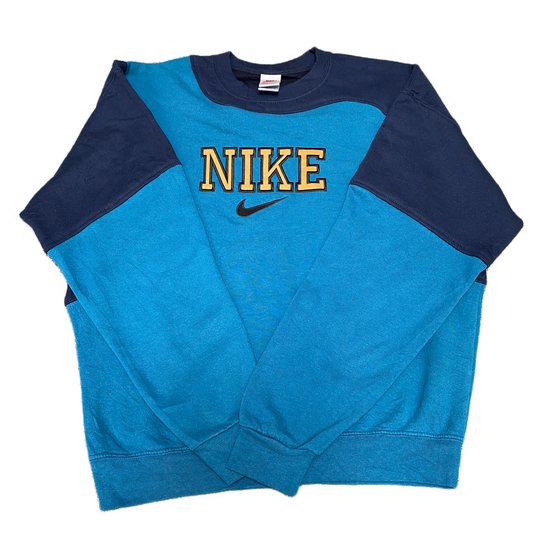 Nike Reworked Sweatshirt Mens L Navy Blue Embroidered Spellout Logo Vintage Y2K