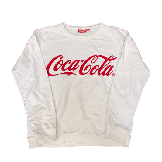 Coca-Cola Sweatshirt Womens Medium White Big Graphic Logo Crew Neck Pullover