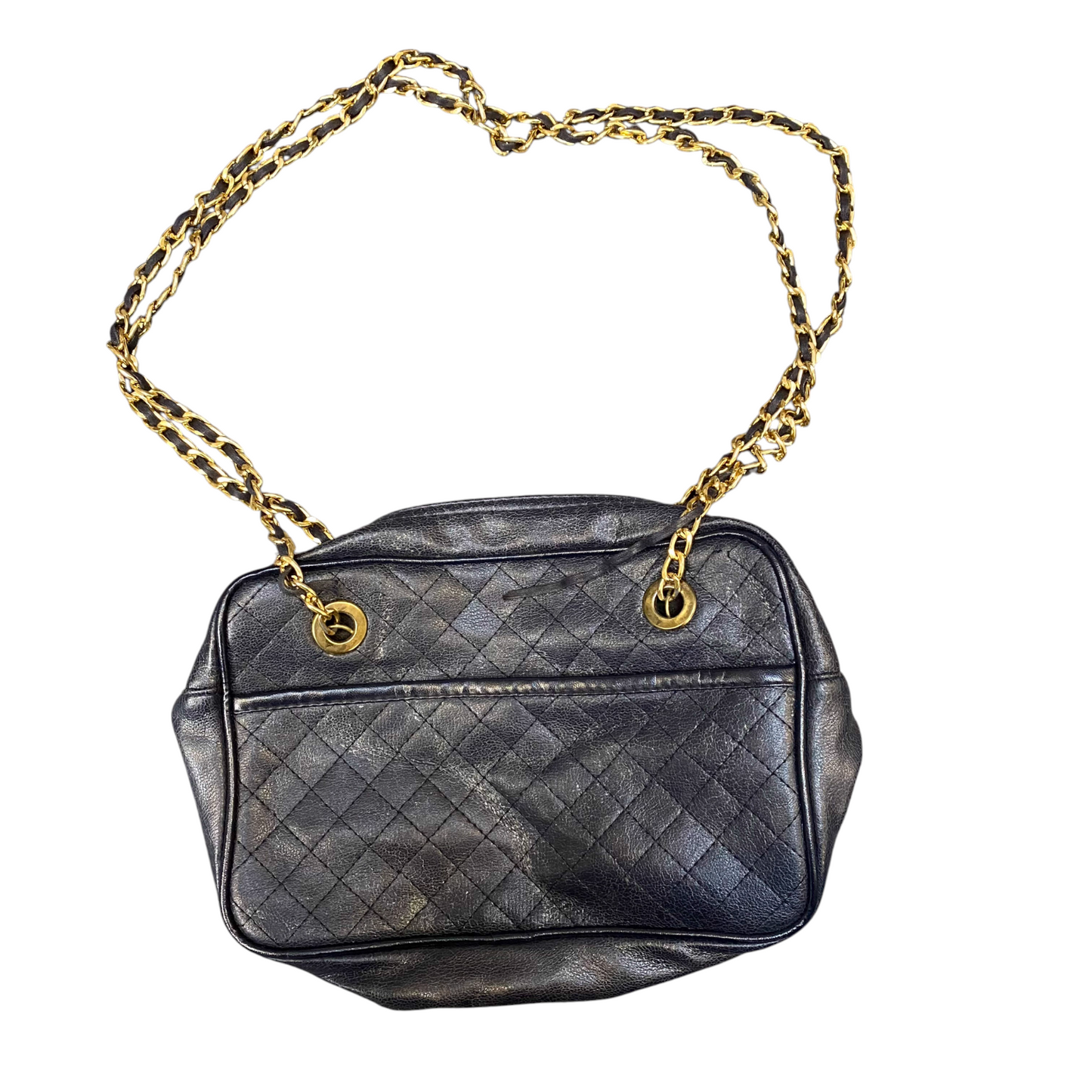 Womens Shoulder Bag Black Leather Quilted Chain Strap Double Handles Zip Closure