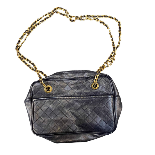 Womens Shoulder Bag Black Leather Quilted Chain Strap Double Handles Zip Closure