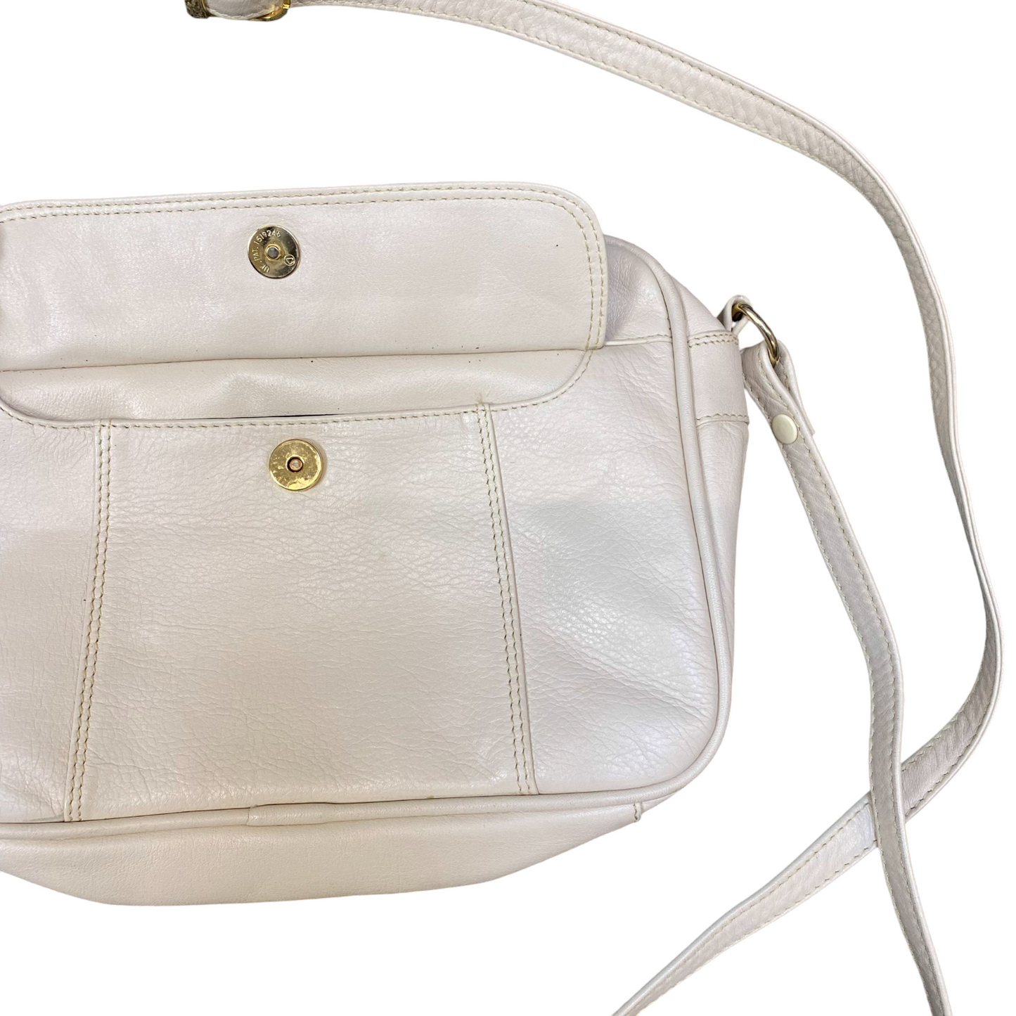 L.Credi Crossbody Bag Womens White Pebbled Leather Snap Flap Adjustable Strap
