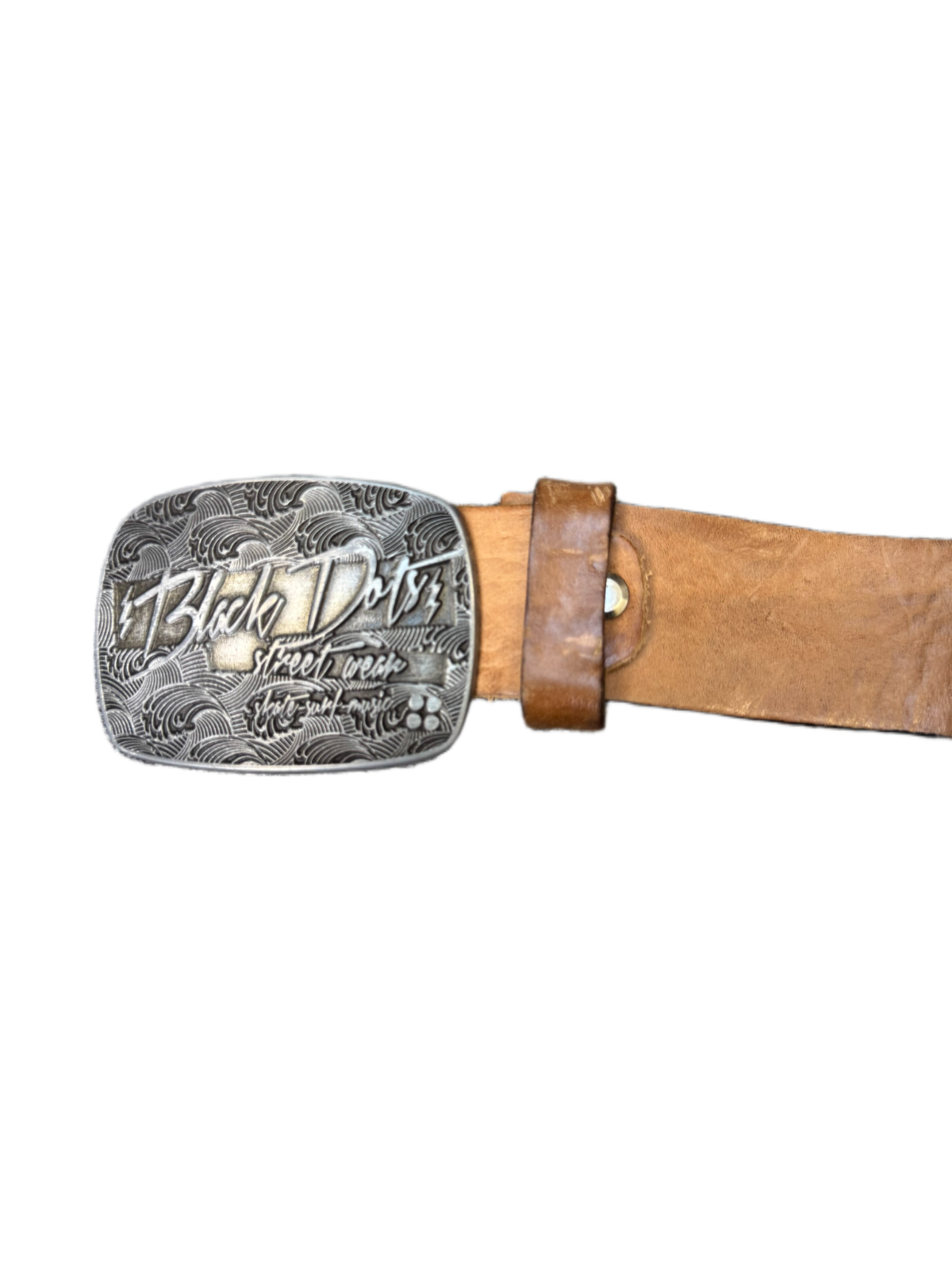 Black Dots Street Wear Waist Belt Mens Brown Leather Silver Buckle 44.5 inches