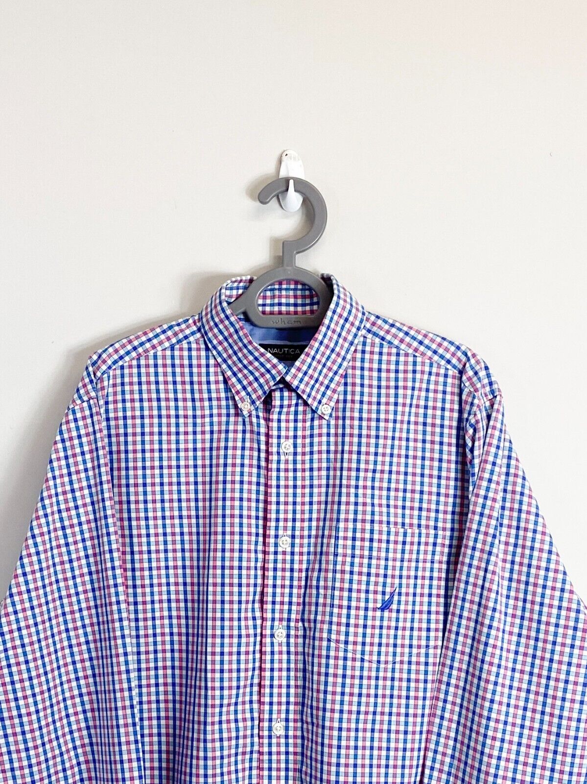 Nautica Shirt Mens M Blue Checkered Classic Fit Long Sleeve Collar Button Down