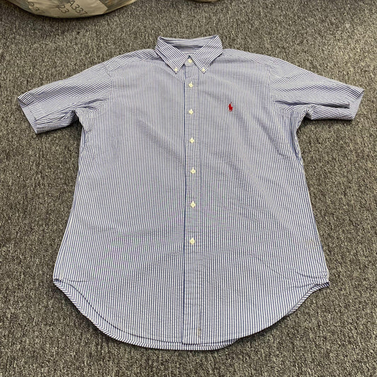 Ralph Lauren Shirt Mens M Blue Striped Classic Fit Red Pony Logo Button Down