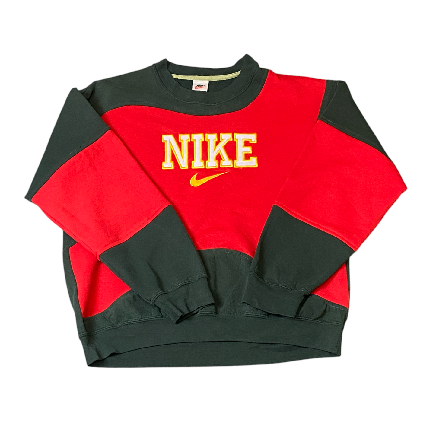 Nike Reworked Sweatshirt Mens Medium Green Red Spellout Logo Crew Neck Vtg Y2K